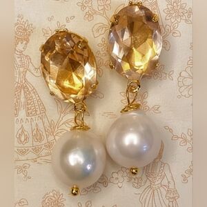 Morganite Peach Synthetic 14 Carats & Natural Pearl In Exquisite Earrings